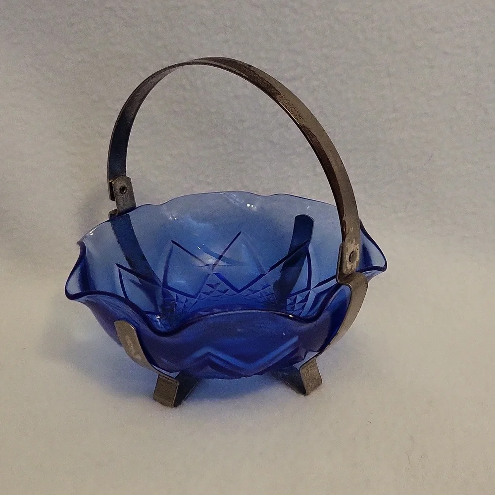 Vintage Cobalt Blue Glass Bowl with Metal Handle
